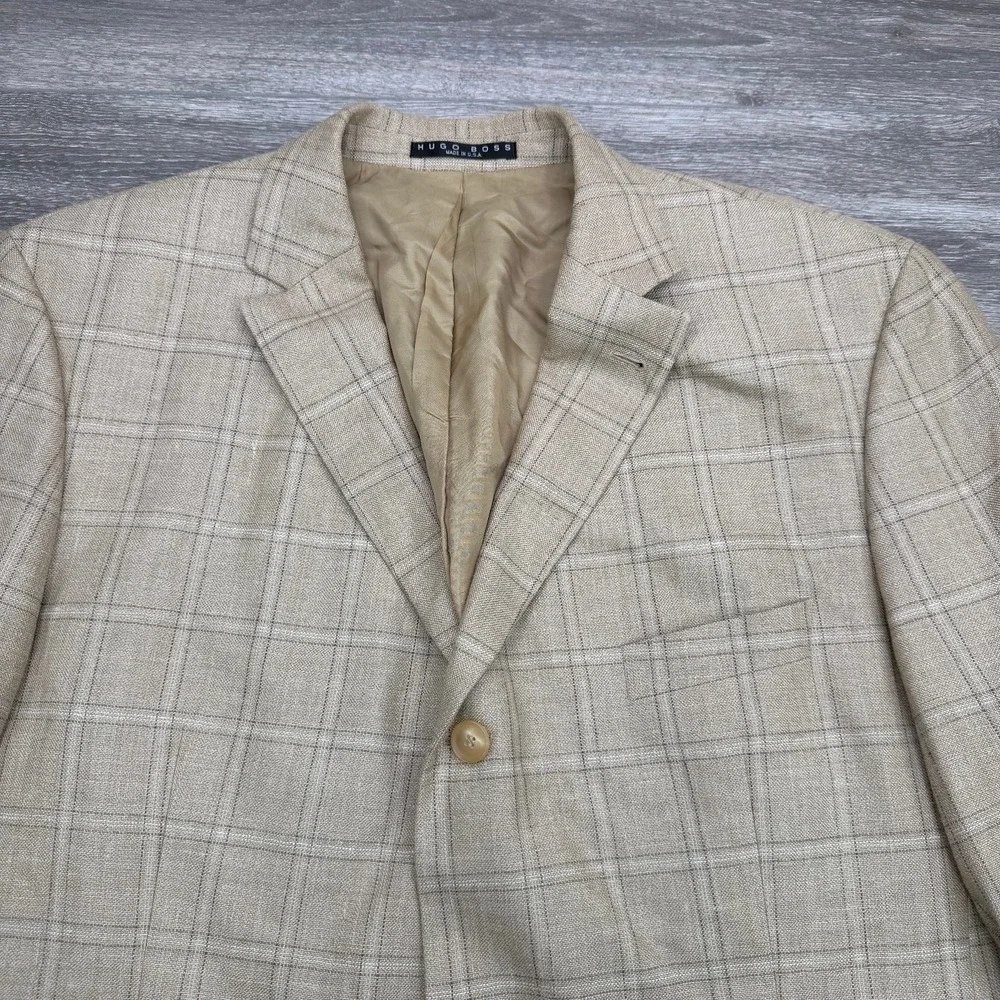 VTG Hugo Boss Sport Coat Mens 48R Beige Neiman Marcus Silk Linen Wool USA Made